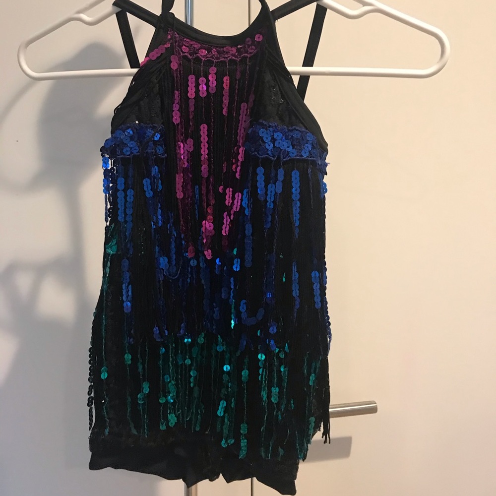 Jazz unitard costume in black w green, blue, pink sequined fringe.